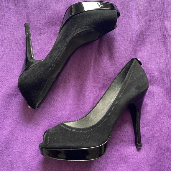Stuart Weitzman Black Suede Peep Toe Platform Heels Size 7 - Picture 2 of 9